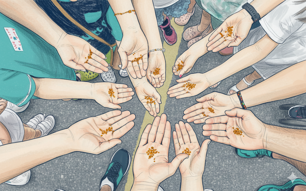 Community gathering in circle with hands together